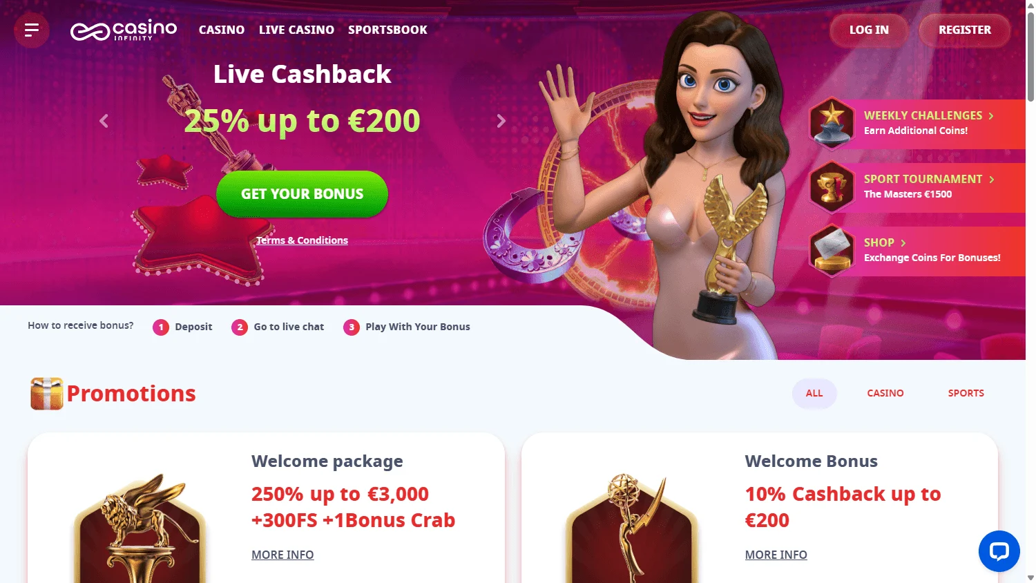 Casino Infinity promotions area on a desktop computer