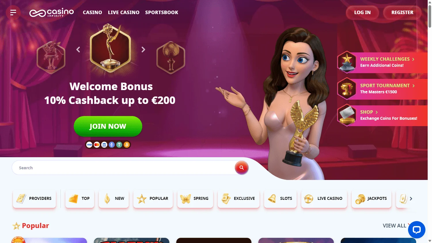 Casino Infinity home page on a desktop computer