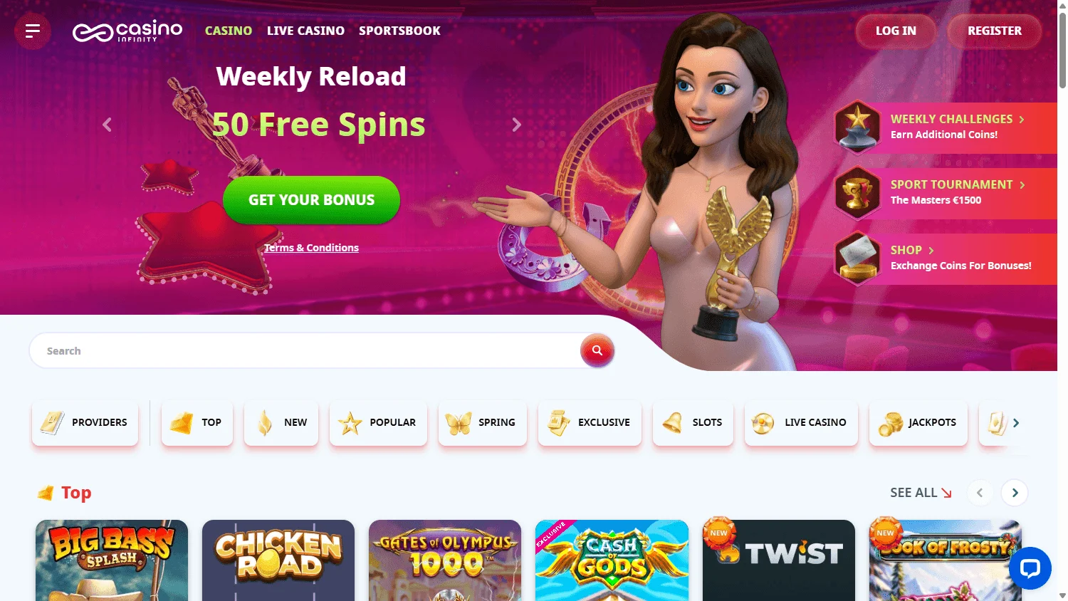 Casino Infinity games area on a desktop computer
